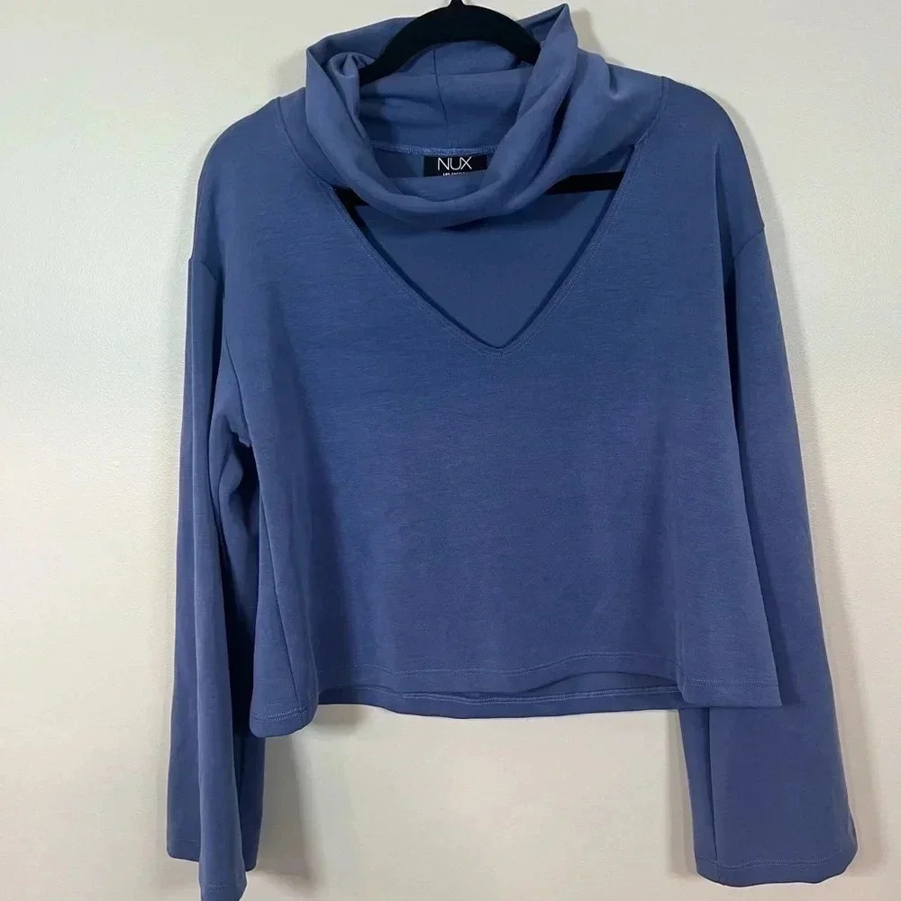 NUX Womens Cowl Neck Triangle Cutout Pullover Blue Sweater Size‎ Large